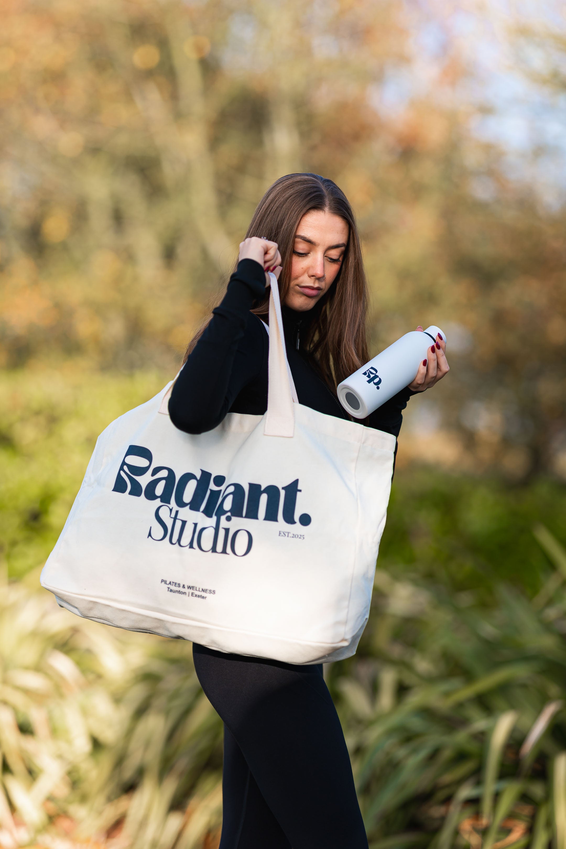 Radiant Pilates Studio Oversized Tote Bag – Cream & Blue