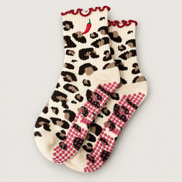 Hot Stuff grip socks close-up leopard print, chilli and red frilled cuff