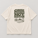 Back flat lay of cream oversized Radiant Pilates T-shirt with olive Chase Strength Not Perfection print and reformer illustration