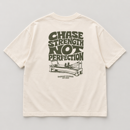Back flat lay of cream oversized Radiant Pilates T-shirt with olive Chase Strength Not Perfection print and reformer illustration