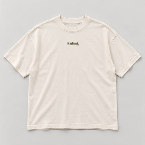 Front flat lay of cream oversized Pilates T-shirt with small olive Radiant logo