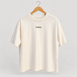 Front of cream oversized Radiant Pilates T-shirt on wooden hanger with small olive chest logo