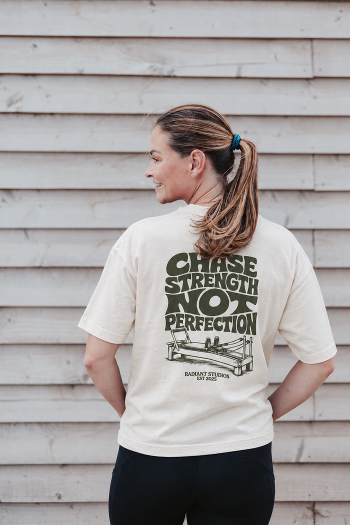 Chase Strength Not Perfection Oversized Pilates T-Shirt | Cream