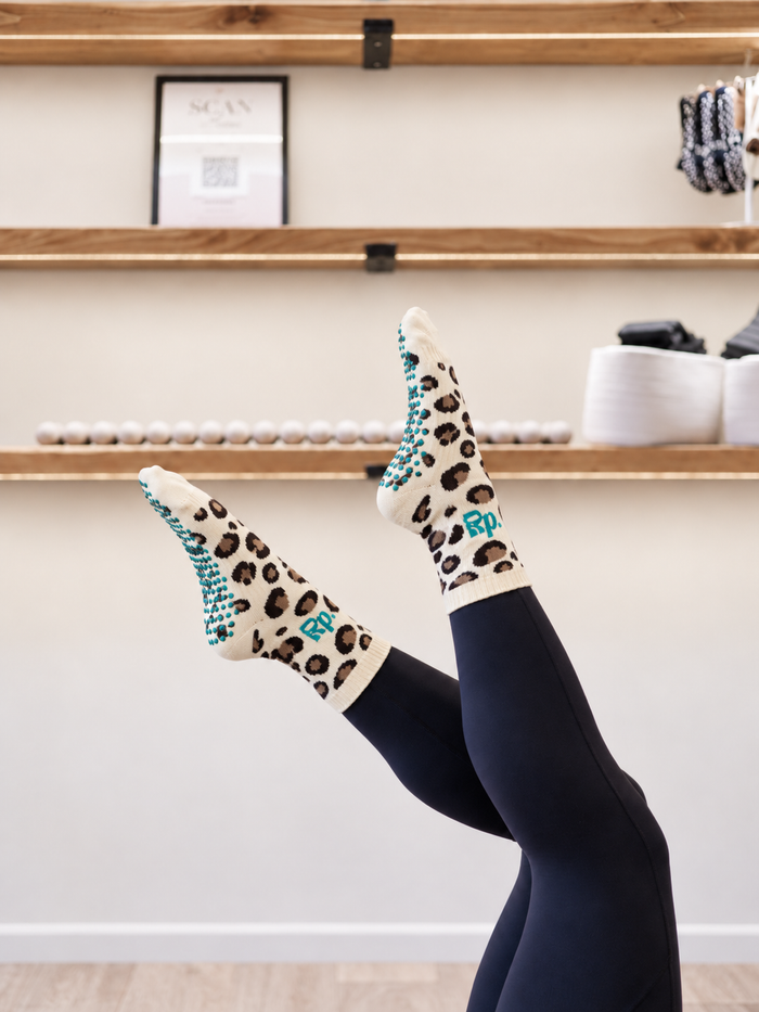 Wild Thing Pilates Grip Socks | Leopard & Green